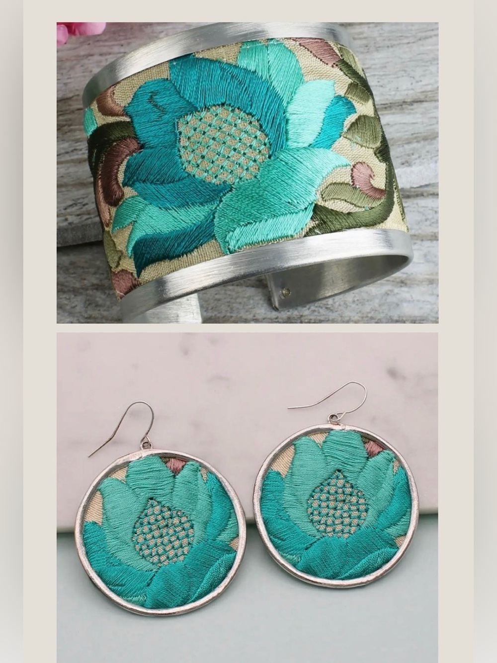 ZAD Embroidered Handcrafted Teal Floral Embroidered Cuff and Earrings Set